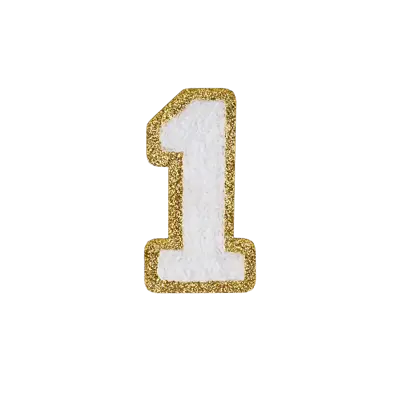 2.5" - Chenille Letterman "1" Patch - White Chenille Thread/Gold Glitter Felt - Heat Applied Backing
