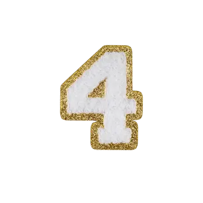 2.5" - Chenille Letterman "4" Patch - White Chenille Thread/Gold Glitter Felt - Heat Applied Backing