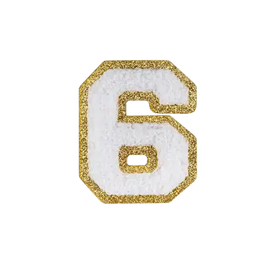 2.5" - Chenille Letterman "6" Patch - White Chenille Thread/Gold Glitter Felt - Heat Applied Backing