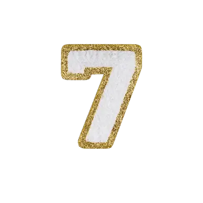 2.5" - Chenille Letterman "7" Patch - White Chenille Thread/Gold Glitter Felt - Peel & Stick Backing