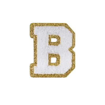 2.5" - Chenille Letterman "B" Patch - White Chenille Thread/Gold Glitter Felt - Heat Applied Backing