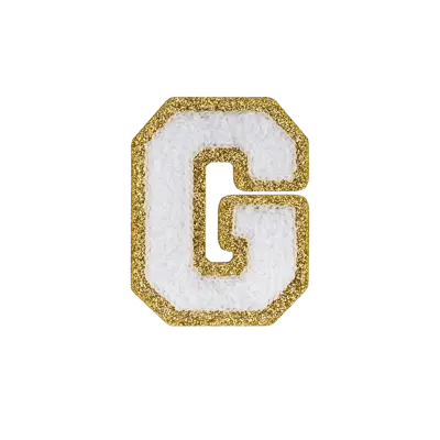 Pack of 25 - 2.5" - Chenille Letterman "G" Patch - White Chenille Thread/Gold Glitter Felt - Heat Applied Backing