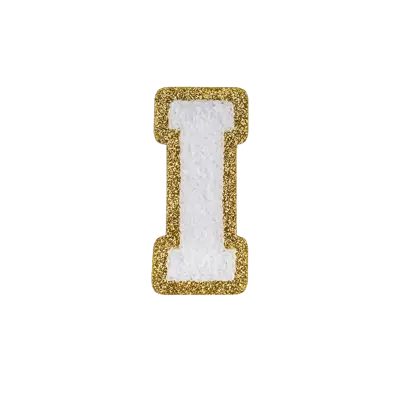 Pack of 25 - 2.5" - Chenille Letterman "I" Patch - White Chenille Thread/Gold Glitter Felt - Peel & Stick Backing