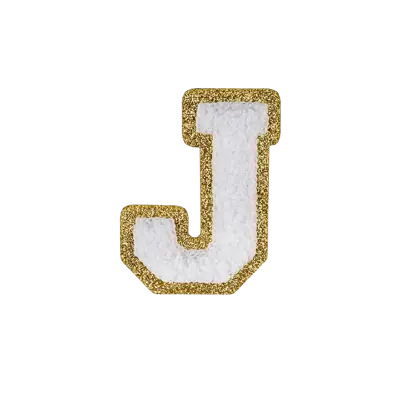 Pack of 25 - 2.5" - Chenille Letterman "J" Patch - White Chenille Thread/Gold Glitter Felt - Heat Applied Backing