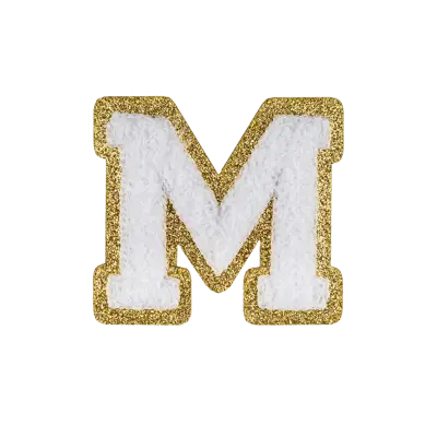 Pack of 25 - 2.5" - Chenille Letterman "M" Patch - White Chenille Thread/Gold Glitter Felt - Peel & Stick Backing