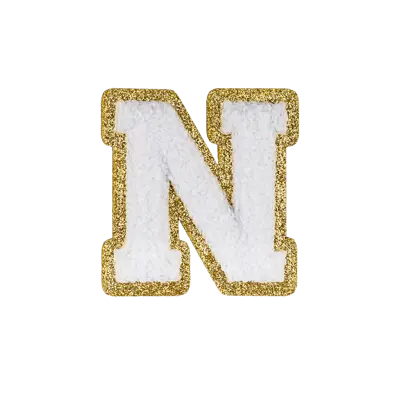 Pack of 25 - 2.5" - Chenille Letterman "N" Patch - White Chenille Thread/Gold Glitter Felt - Heat Applied Backing