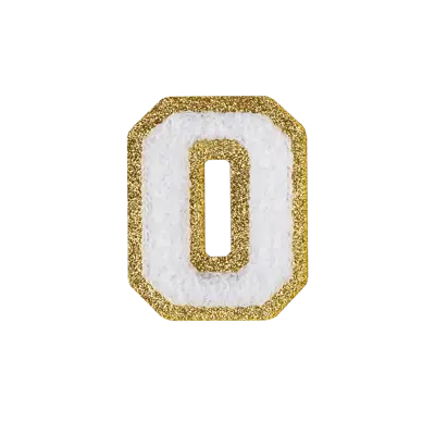 2.5" - Chenille Letterman "O" Patch - White Chenille Thread/Gold Glitter Felt - Peel & Stick Backing