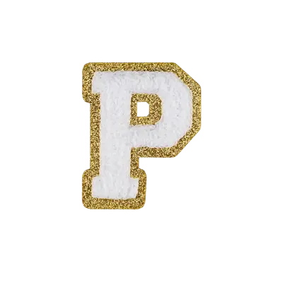 2.5" - Chenille Letterman "P" Patch - White Chenille Thread/Gold Glitter Felt - Heat Applied Backing
