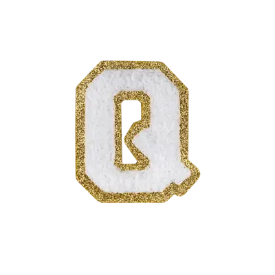 2.5" - Chenille Letterman "Q" Patch - White Chenille Thread/Gold Glitter Felt - Heat Applied Backing