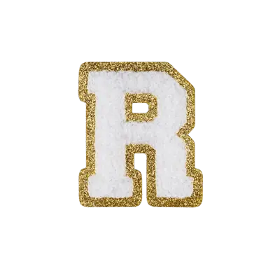 2.5" - Chenille Letterman "R" Patch - White Chenille Thread/Gold Glitter Felt - Heat Applied Backing