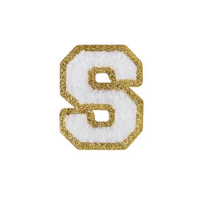 2.5" - Chenille Letterman "S" Patch - White Chenille Thread/Gold Glitter Felt - Heat Applied Backing