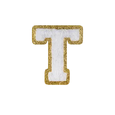 2.5" - Chenille Letterman "T" Patch - White Chenille Thread/Gold Glitter Felt - Heat Applied Backing