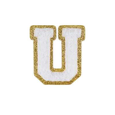 2.5" - Chenille Letterman "U" Patch - White Chenille Thread/Gold Glitter Felt - Peel & Stick Backing
