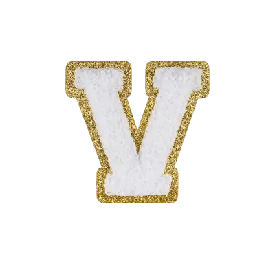 2.5" - Chenille Letterman "V" Patch - White Chenille Thread/Gold Glitter Felt - Peel & Stick Backing