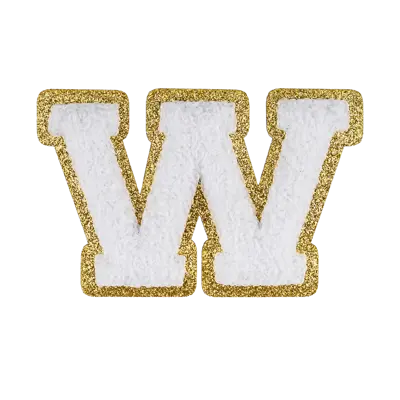 2.5" - Chenille Letterman "W" Patch - White Chenille Thread/Gold Glitter Felt - Heat Applied Backing