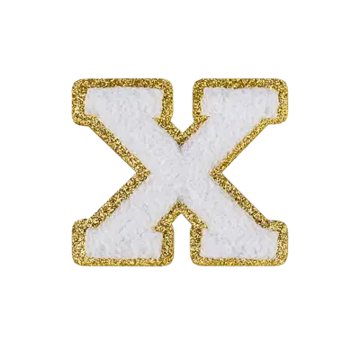2.5" - Chenille Letterman "X" Patch - White Chenille Thread/Gold Glitter Felt - Peel & Stick Backing