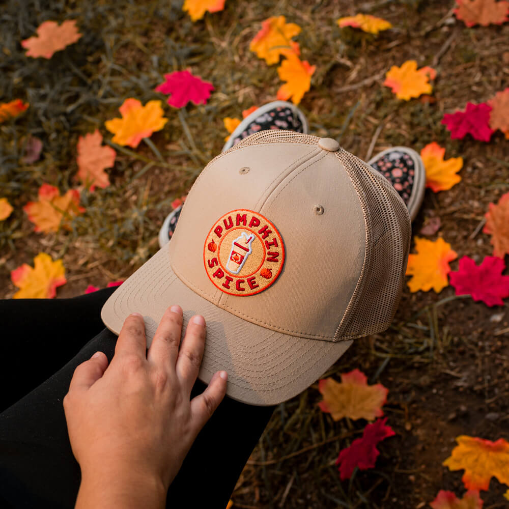 3D-Embroidered Pumpkin Spice Patch Applied to Beige Baseball Cap