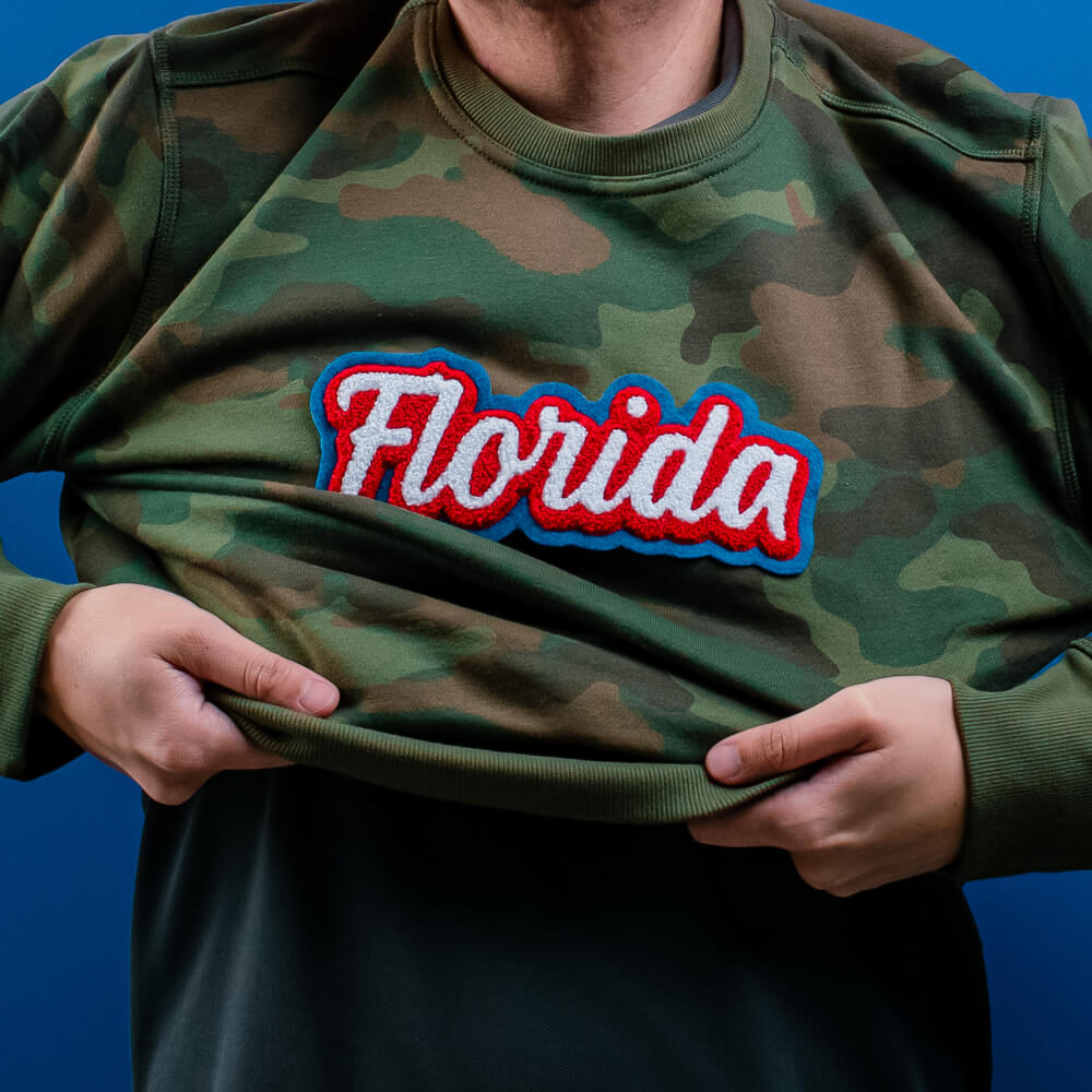 Florida Chenille Patch Applied to Camouflage Sweatshirt