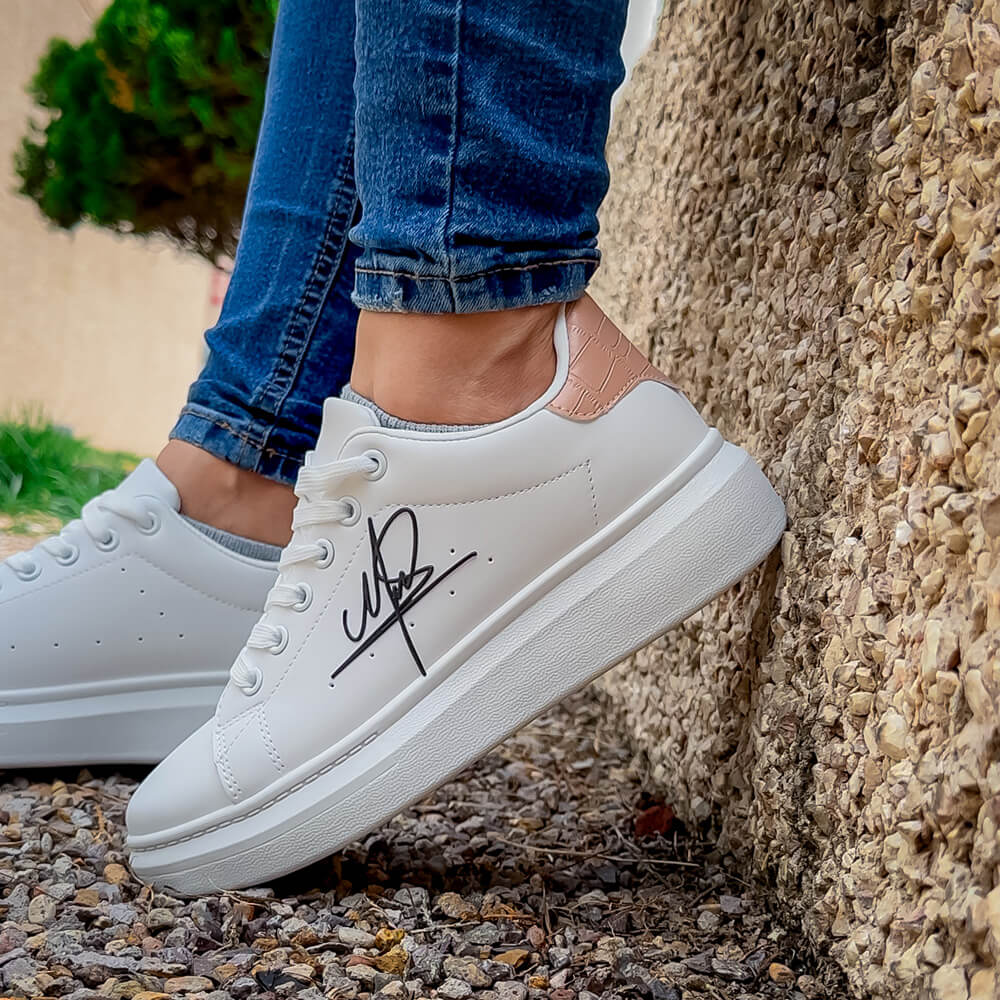 Flexstyle Signature 3D Autograph Emblem on Ladies White Tennis Shoe