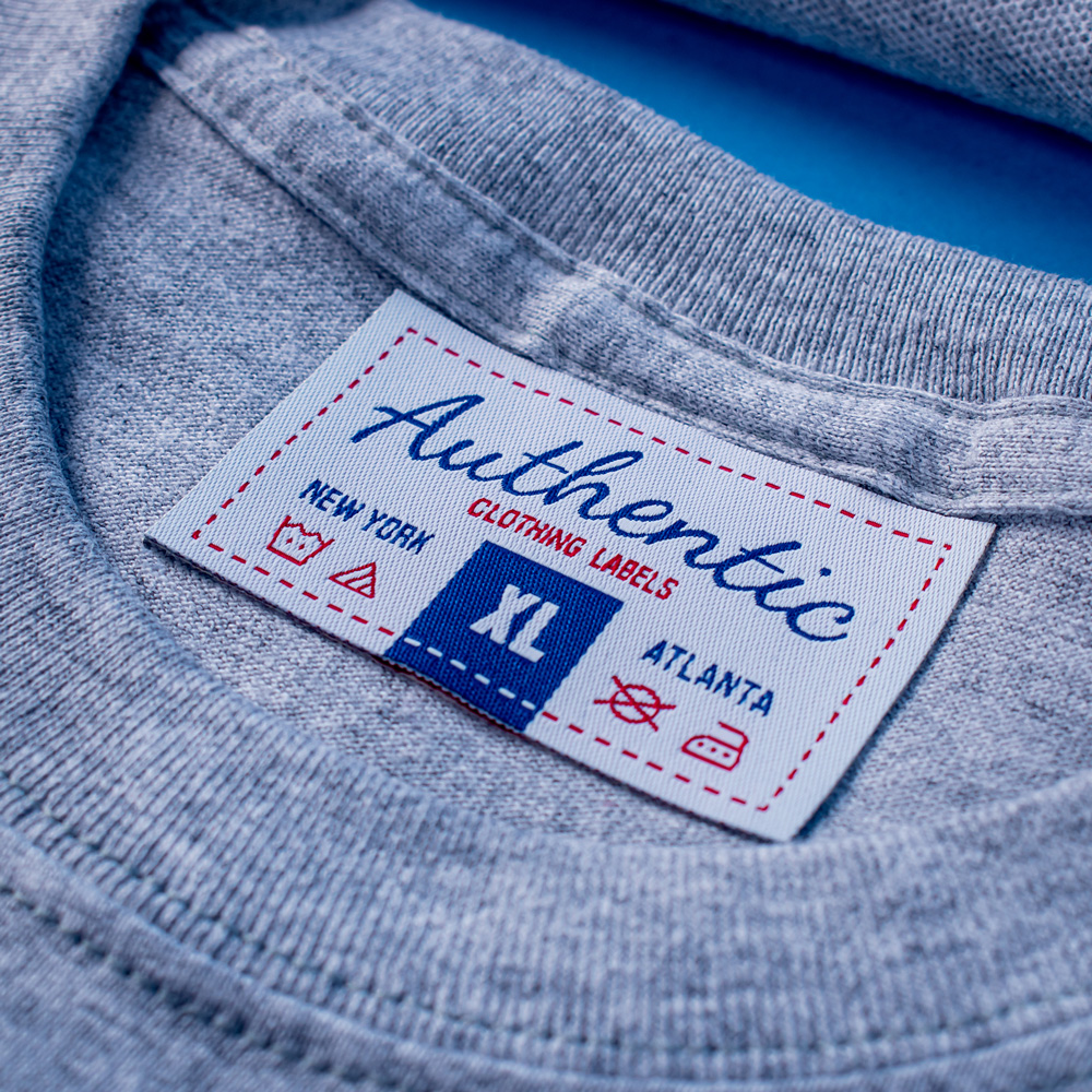Authentic Clothing Labels Woven Patch Applied to Gray T-Shirt