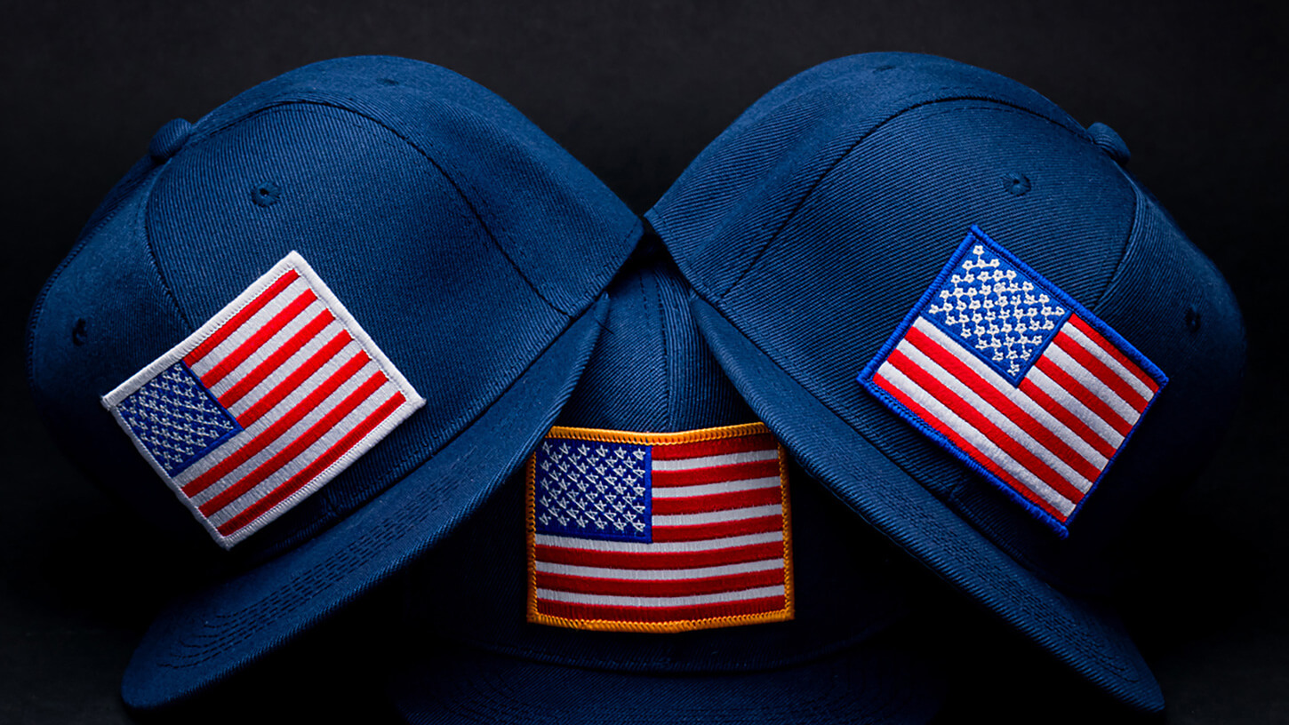 Three Embroidered American Flag Patches Applied to 3 Navy Blue Baseball Caps