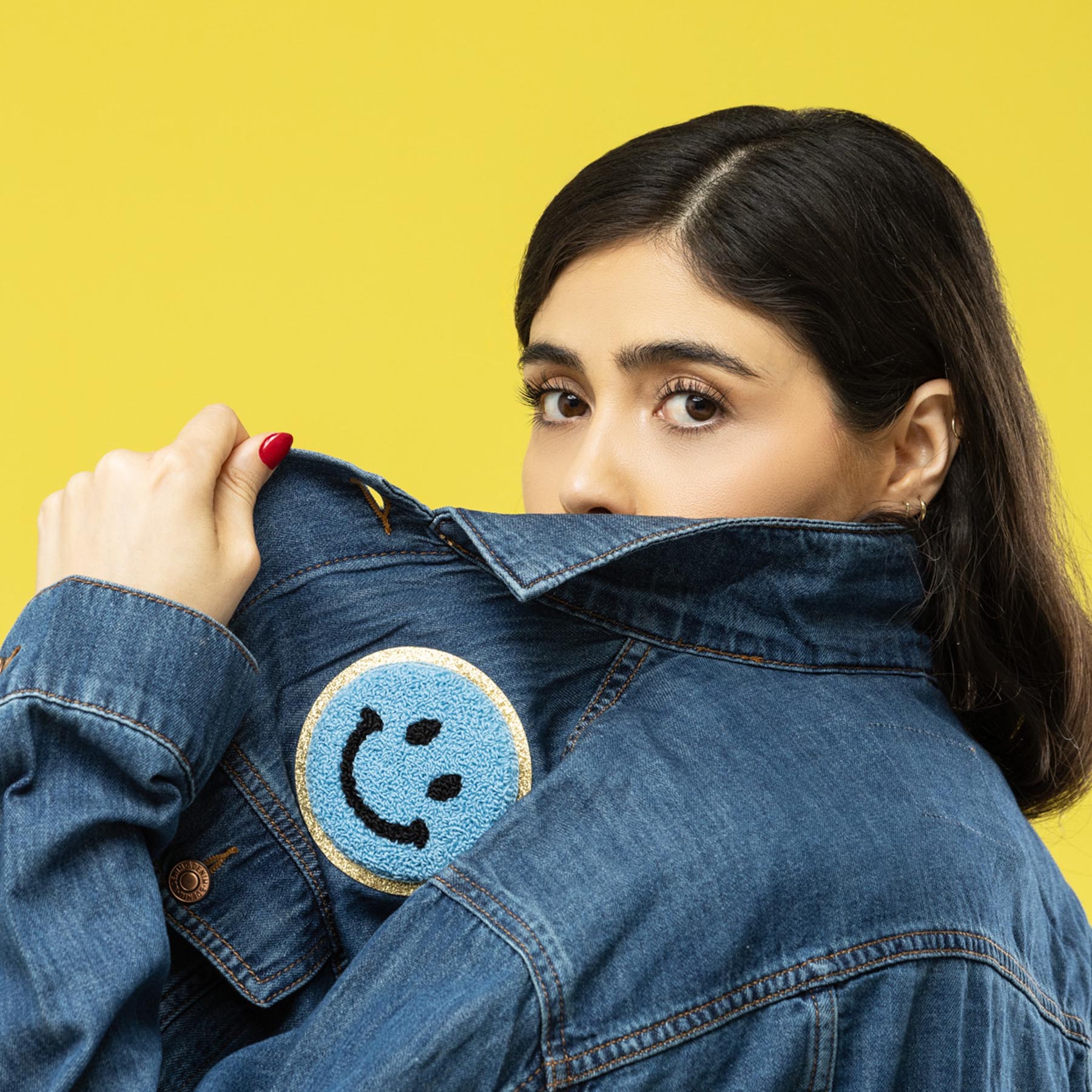 Chenille patches jean jacket happy face.jpg