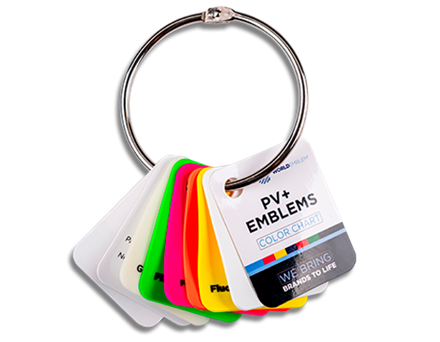 PV+ emblem color swatch cards held together by a silver ring.