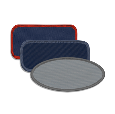 3 blanks patches layered on top of one another. Navy rectangular blank patch with red border. Navy rectangular blank patch with light navy border. Grey oval blank patch with dark grey border.